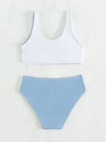 SHEIN Teen Girls Color Block Ring Linked Bikini Set Summer Beach - Blue and White - View 2
