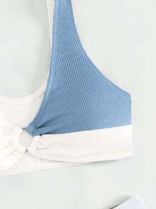 SHEIN Teen Girls Color Block Ring Linked Bikini Set Summer Beach - Blue and White - View 3