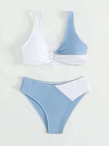 SHEIN Teen Girls Color Block Ring Linked Bikini Set Summer Beach - Blue and White - View 5