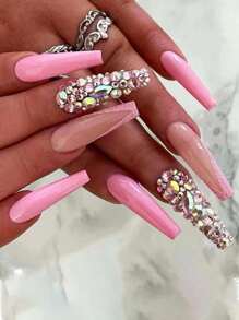 Upgrade Your Look with 24pcs Long Coffin Pink Glitter 3D Rhinestone Decor Fake Nail & 1pc Nail File & 1sheet Tape - Multicolor - View 1