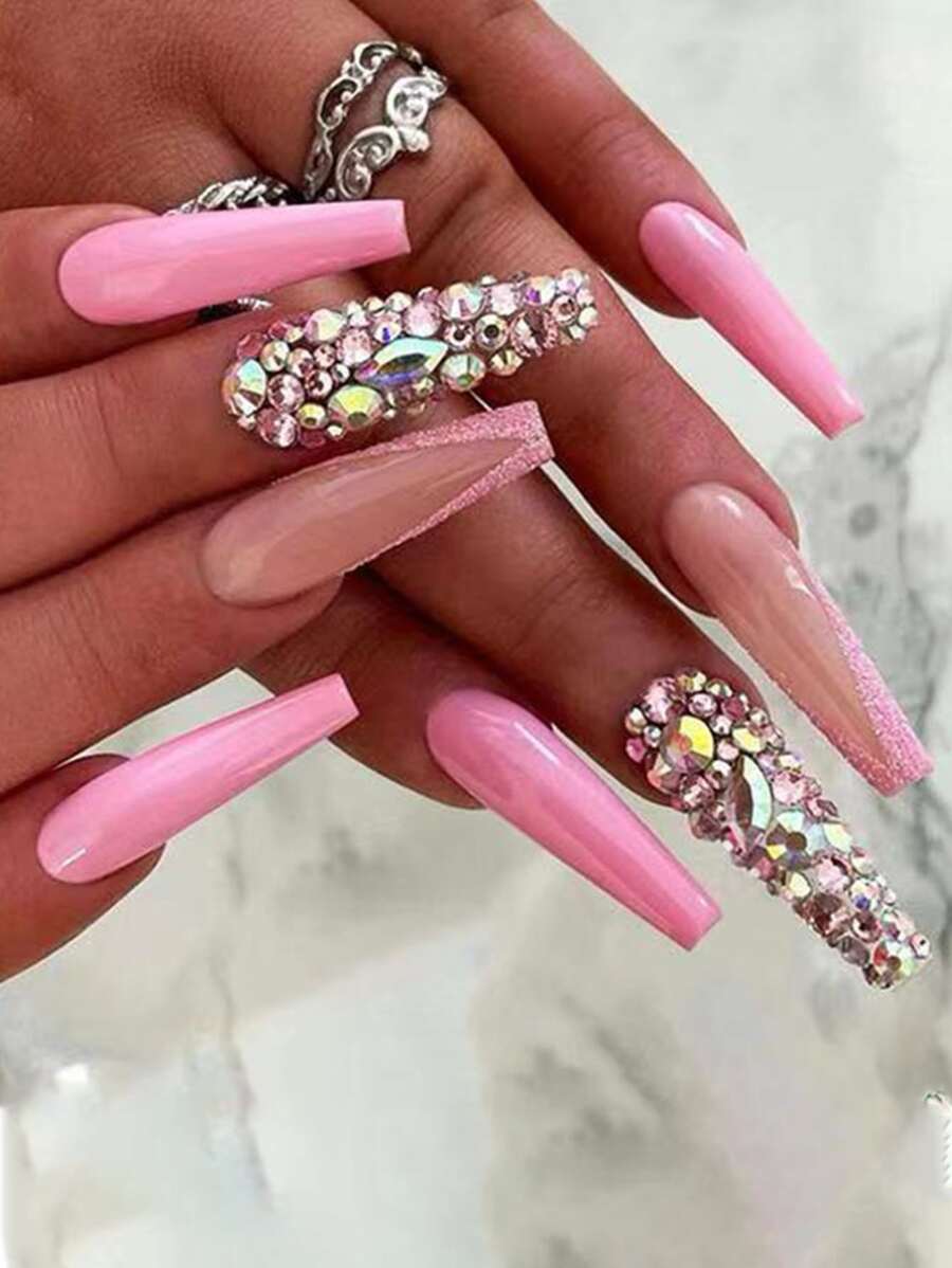 Upgrade Your Look with 24pcs Long Coffin Pink Glitter 3D Rhinestone Decor Fake Nail & 1pc Nail File & 1sheet Tape - Multicolor - View 1
