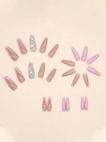 Upgrade Your Look with 24pcs Long Coffin Pink Glitter 3D Rhinestone Decor Fake Nail & 1pc Nail File & 1sheet Tape - Multicolor - View 2