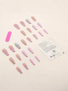Upgrade Your Look with 24pcs Long Coffin Pink Glitter 3D Rhinestone Decor Fake Nail & 1pc Nail File & 1sheet Tape - Multicolor - View 3