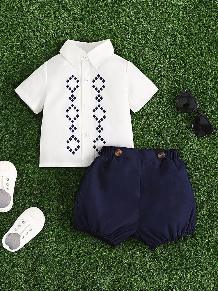 SHEIN 男の子赤ちゃん 幾何学模様プリントパネル シャツ & ショートパンツ - ブルー&ホワイト - 見る 1