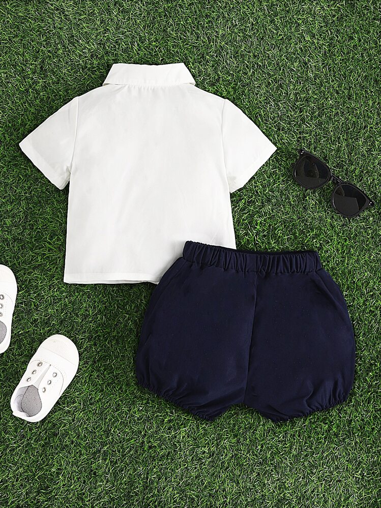 SHEIN 男の子赤ちゃん 幾何学模様プリントパネル シャツ & ショートパンツ - ブルー&ホワイト - 見る 2