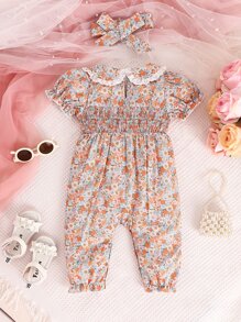 SHEIN Baby Ditsy Floral Print Eyelet Embroidery Trim Puff Sleeve Jumpsuit - Multicolor - View 2