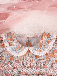 SHEIN Baby Ditsy Floral Print Eyelet Embroidery Trim Puff Sleeve Jumpsuit - Multicolor - View 4