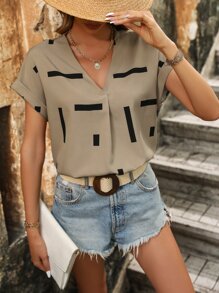 SHEIN LUNE Geo Print Batwing Sleeve Blouse - Khaki - View 3