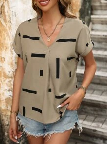 SHEIN LUNE Geo Print Batwing Sleeve Blouse - Khaki - View 5