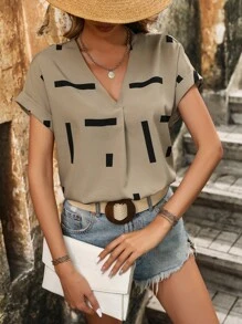 SHEIN LUNE Geo Print Batwing Sleeve Blouse - Khaki - View 6