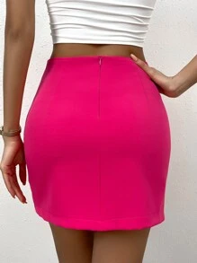 Chiquease High Waist Ruched Tulip Hem Skirt - Hot Pink - View 2