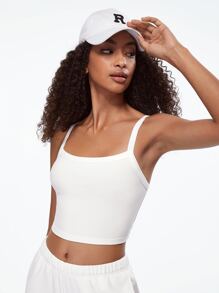 SHEIN BASICS 夏季實心肋織細肩帶短上衣 - 白色 - 查看 1