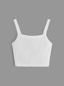 SHEIN BASICS 夏季實心肋織細肩帶短上衣 - 白色 - 查看 4