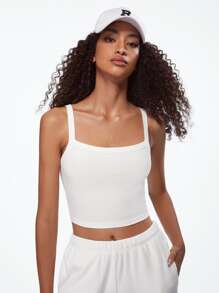 SHEIN BASICS 夏季實心肋織細肩帶短上衣 - 白色 - 查看 6