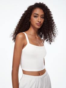 SHEIN BASICS 夏季實心肋織細肩帶短上衣 - 白色 - 查看 7