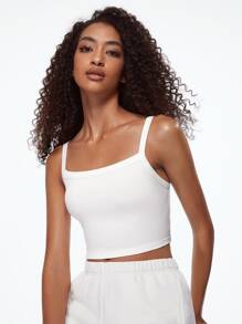 SHEIN BASICS 夏季實心肋織細肩帶短上衣 - 白色 - 查看 8