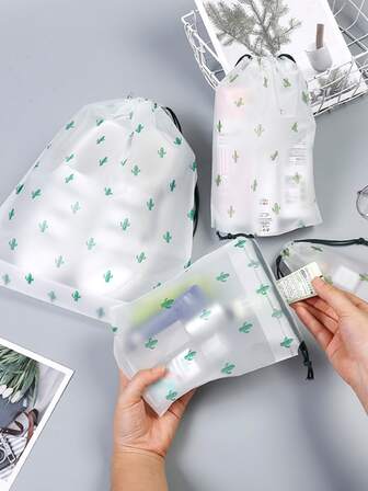 3pcs/set Drawstring Travel Storage Bag, Cartoon Cute Cactus Pattern Waterproof Travel Packing Bag For Travel