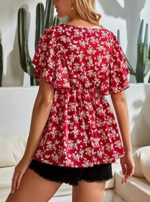 SHEIN 孕婦碎花蝴蝶袖荷葉邊下擺襯衫