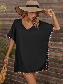 SHEIN Swim Pom Pom Trim Batwing Sleeve Cover Up,Summer Beach - Black - View 1