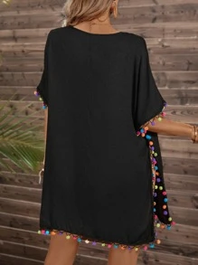 SHEIN Swim Pom Pom Trim Batwing Sleeve Cover Up,Summer Beach - Black - View 2