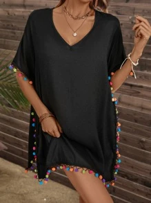 SHEIN Swim Pom Pom Trim Batwing Sleeve Cover Up,Summer Beach - Black - View 6
