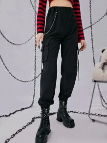 ROMWE Grunge Punk Quần nữ Chuỗi Túi Ruy băng màu trơn Giải trí - màu đen - Xem 1