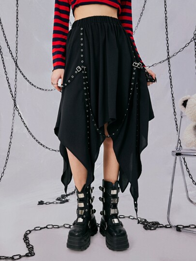 Grunge Punk Solid Asymmetrical Hem Grommet Eyelet Skirt