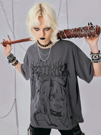 Grunge Punk Maglietta con spalla cadenti con stampa figura