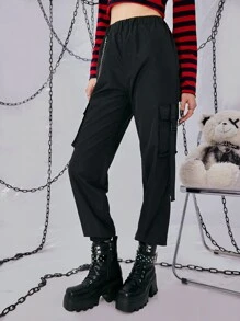 ROMWE Grunge Punk Quần nữ Chuỗi Túi Ruy băng màu trơn Giải trí - màu đen - Xem 2