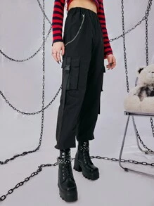 ROMWE Grunge Punk Quần nữ Chuỗi Túi Ruy băng màu trơn Giải trí - màu đen - Xem 3