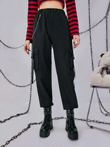 ROMWE Grunge Punk Quần nữ Chuỗi Túi Ruy băng màu trơn Giải trí - màu đen - Xem 4