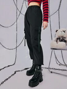 ROMWE Grunge Punk Quần nữ Chuỗi Túi Ruy băng màu trơn Giải trí - màu đen - Xem 5