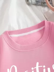 SHEIN Qutie 標語圖案加絨內裏運動衫 - 粉色 - 查看 6