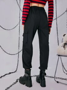 ROMWE Grunge Punk Quần nữ Chuỗi Túi Ruy băng màu trơn Giải trí - màu đen - Xem 6