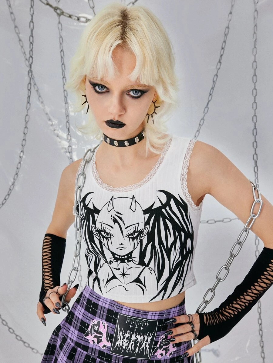 ROMWE Grunge Punk Figure Graphic Lace Trim Tank Top - White - View 1