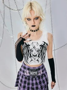 ROMWE Grunge Punk Figure Graphic Lace Trim Tank Top - White - View 2