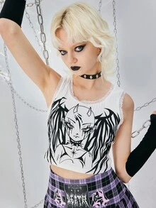 ROMWE Grunge Punk Figure Graphic Lace Trim Tank Top - White - View 5