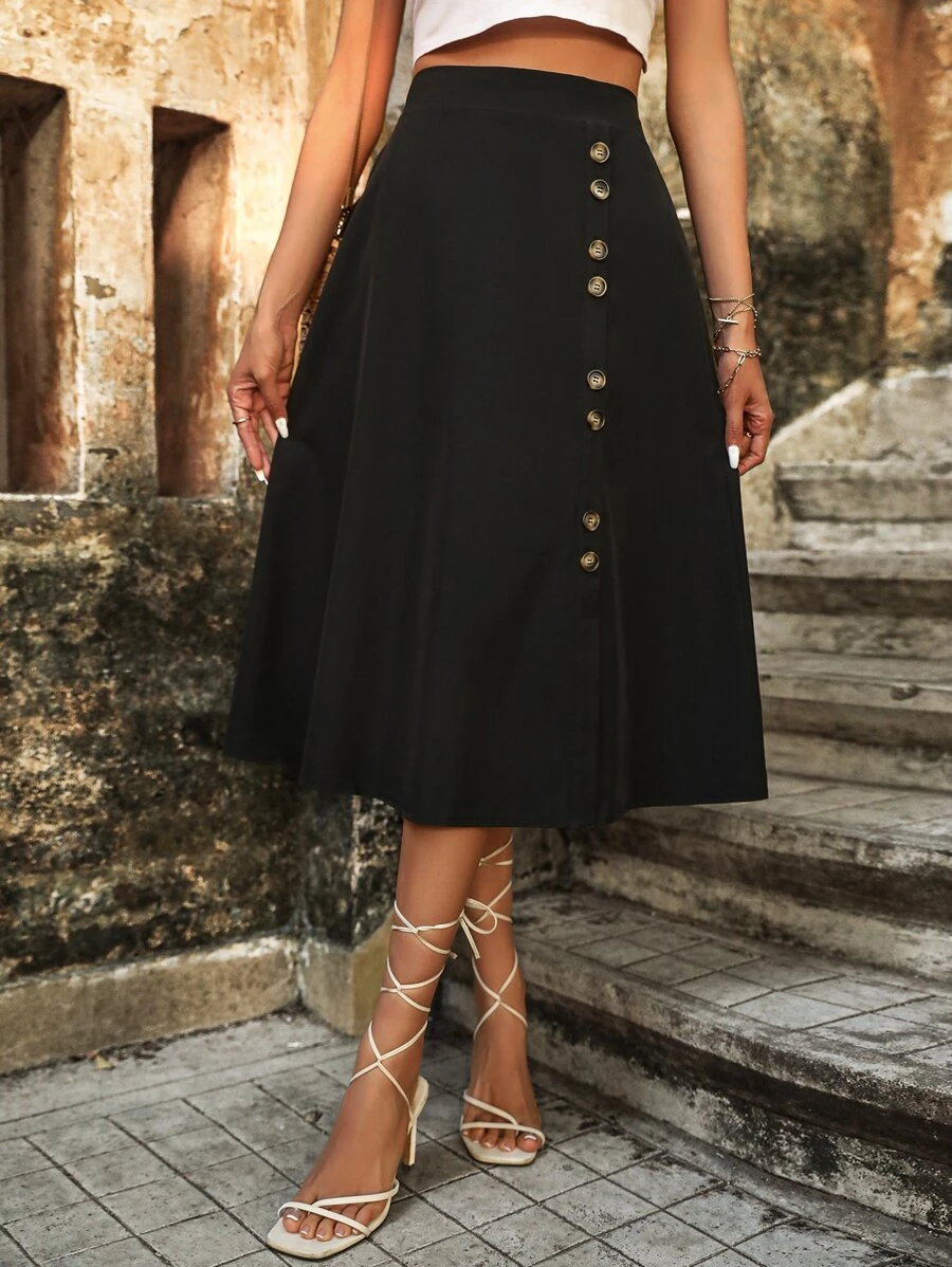 SHEIN VCAY High Waist Button Detail Skirt - Black - View 1