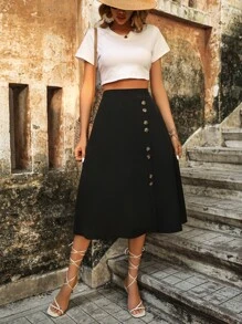 SHEIN VCAY High Waist Button Detail Skirt - Black - View 5