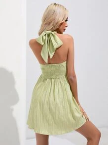 Aveloria Vestido halter unicolor de espalda abierta con cordón - Verde Lima - Ver 2