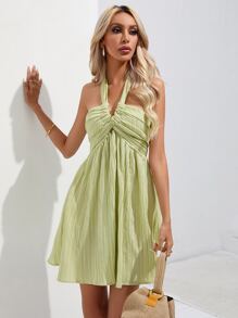 Aveloria Vestido halter unicolor de espalda abierta con cordón - Verde Lima - Ver 3