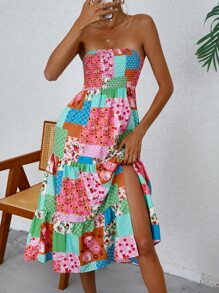 SHEIN VCAY Patchwork Print Shirred Detail Ruffle Hem Tube Dress - Multicolor - View 1