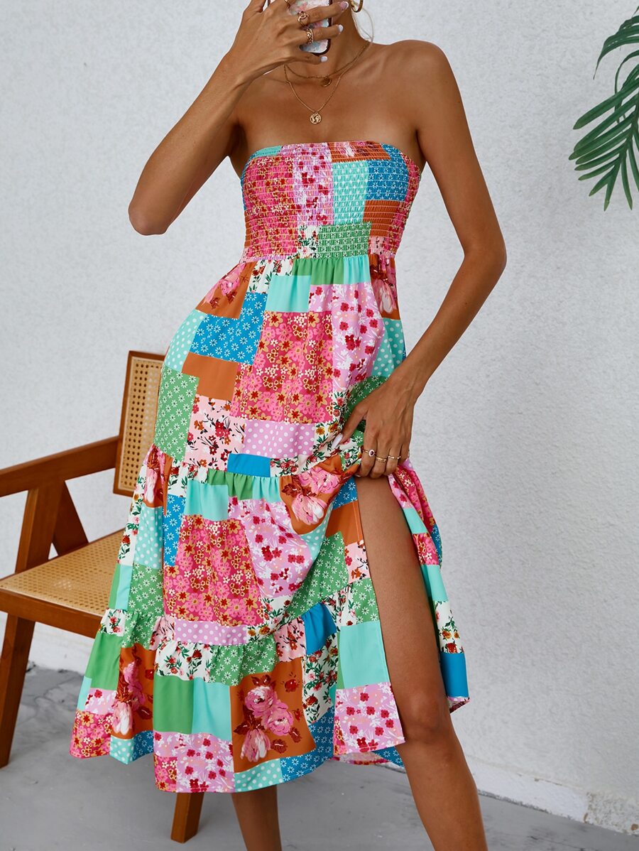 SHEIN VCAY Patchwork Print Shirred Detail Ruffle Hem Tube Dress - Multicolor - View 1