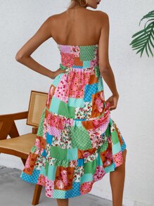 SHEIN VCAY Patchwork Print Shirred Detail Ruffle Hem Tube Dress - Multicolor - View 2