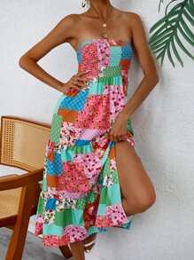 SHEIN VCAY Patchwork Print Shirred Detail Ruffle Hem Tube Dress - Multicolor - View 3