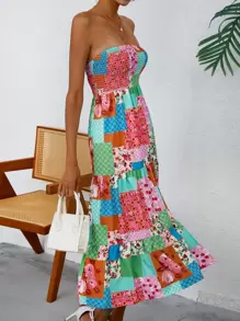 SHEIN VCAY Patchwork Print Shirred Detail Ruffle Hem Tube Dress - Multicolor - View 5