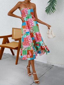 SHEIN VCAY Patchwork Print Shirred Detail Ruffle Hem Tube Dress - Multicolor - View 6