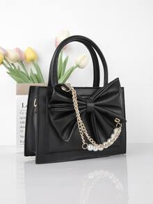 Faux Pearl & Bow Decor Square Bag - Black - View 1