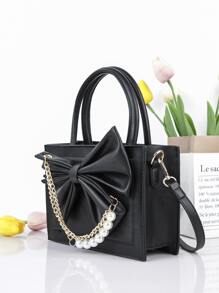Faux Pearl & Bow Decor Square Bag - Black - View 4