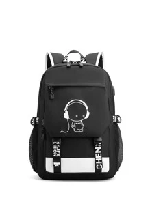 Chicos Mochila funcional con estampado de dibujos animados con diseño de hebilla - Negro - Ver 1